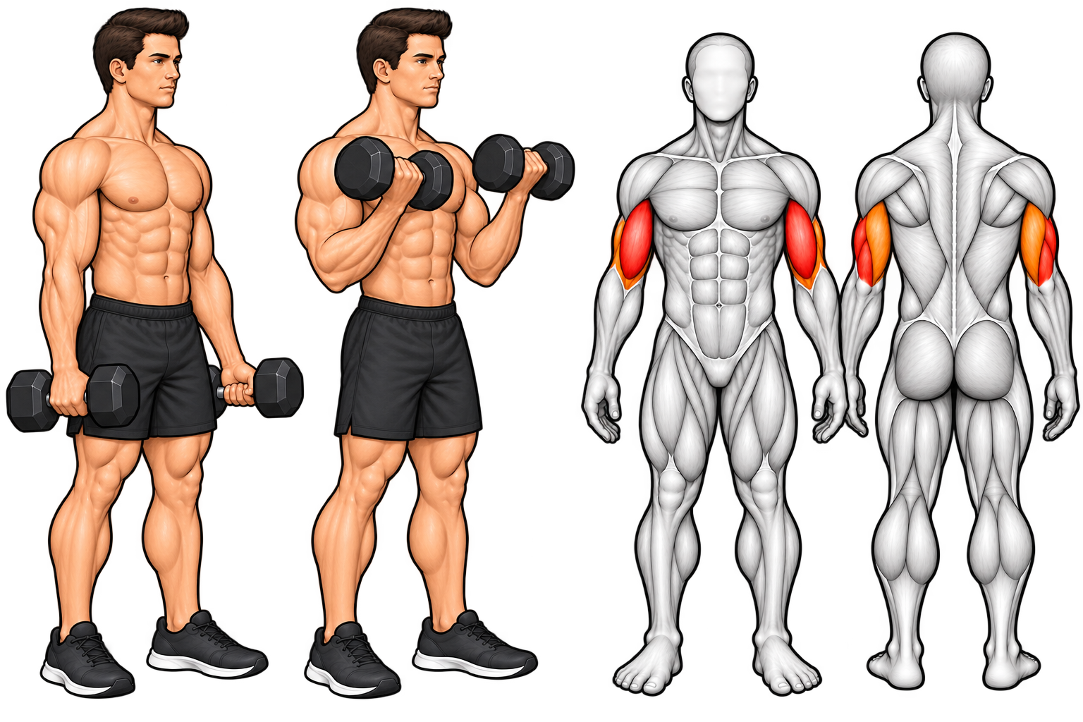 Illustrated dumbbell biceps curl exercise in Fizeke