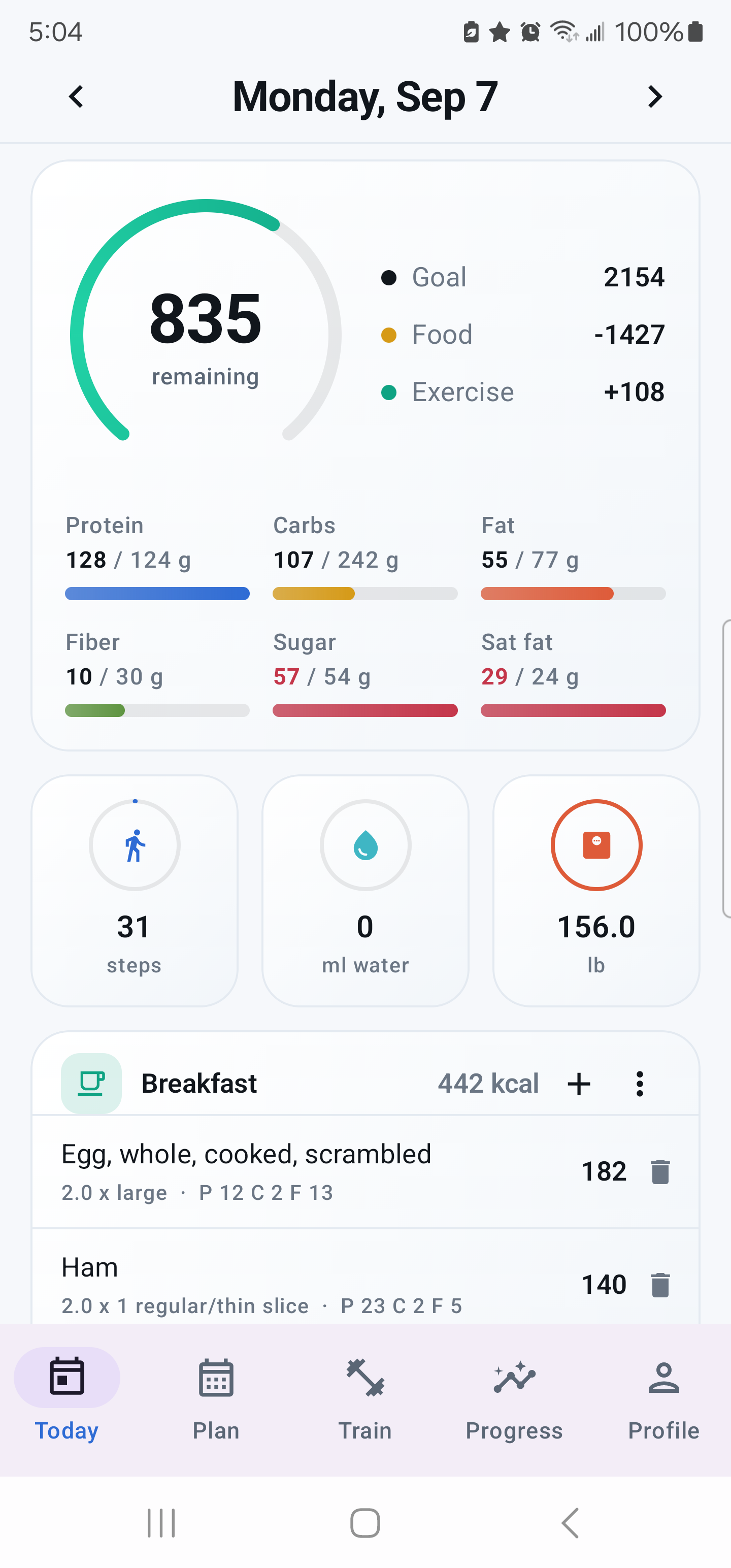 Fizeke fitness dashboard showing calories, macros, steps, water and meals